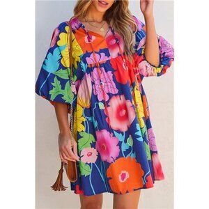 Floral Print Tie Neck‎ Babydoll Dress
